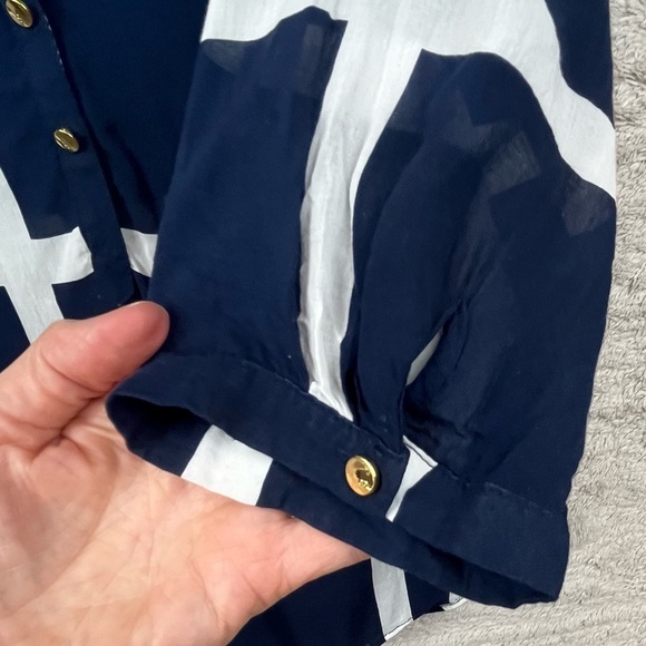 CYNTHIA ROWLEY Nautical Sheer Blouse Popover Navy Blue Window Pane Print Medium - Picture 8 of 16